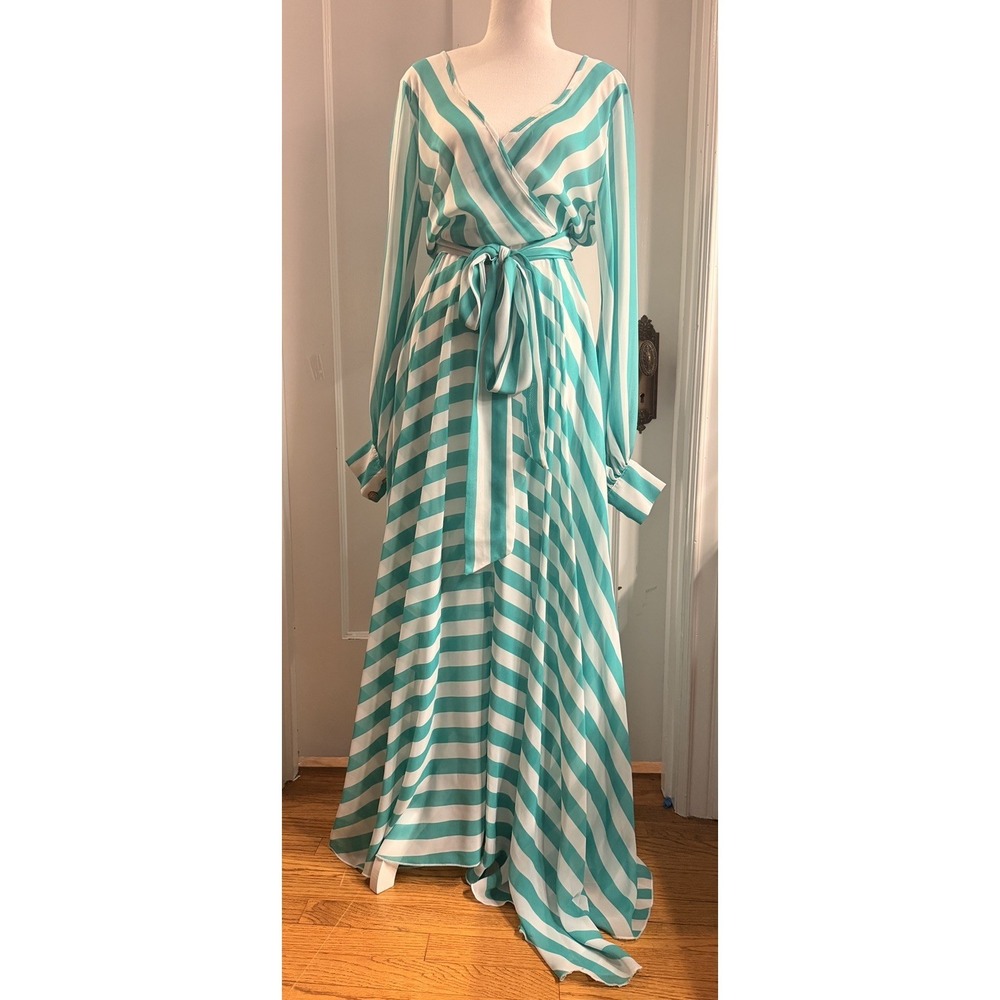 Sexy Diva Green and White Floor‎ Length Semi-Sheer Faux Wrap Dress Size S